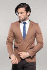 Single Button Standing Collar Beige Men Blazer