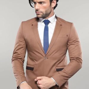 Single Button Standing Collar Beige Men Blazer - Wessi
