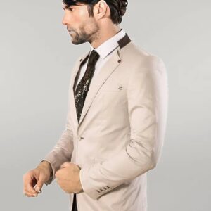 Single Button Standing Collar Cream Men Blazer - Wessi