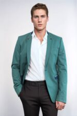 Single Button Standing Collar Green Men Blazer