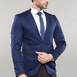 Single Button Standing Collar Navy Blue Men Blazer - Wessi