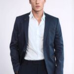 Single Button Standing Collar Navy Blue Men Blazer - Wessi