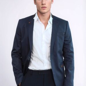 Single Button Standing Collar Navy Blue Men Blazer - Wessi