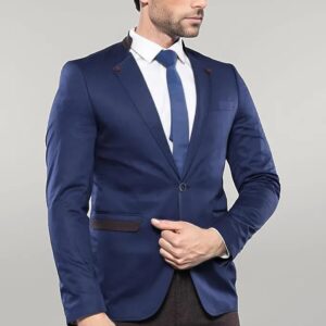 Single Button Standing Collar Navy Blue Men Blazer - Wessi