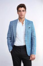 Single Button Wide Pointed Collar Blue Blazer