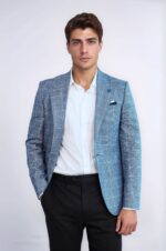 Single Button Wide Pointed Collar Blue Blazer