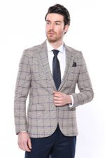 Slim-Fit Checked Beige Men Blazer
