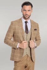 Slim Fit Checked Beige Men Suit