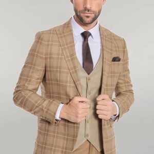 Slim Fit Checked Beige Men Suit - Wessi