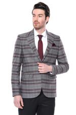 Slim-Fit Checked Burgundy Men Blazer
