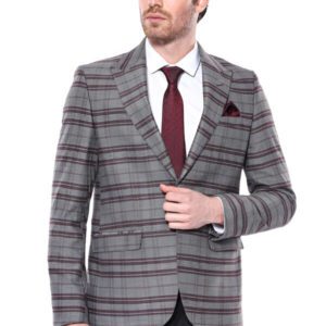 Slim-Fit Checked Burgundy Men Blazer - Wessi