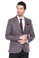 Slim-Fit Checked Burgundy Men Blazer