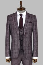 Slim Fit Checked Burgundy Men Suit