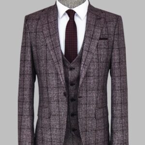 Slim Fit Checked Burgundy Men Suit - Wessi