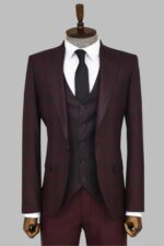 Slim Fit Checked Burgundy Men Suit