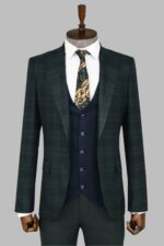 Slim Fit Checked Green Men Suit