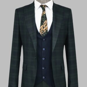 Slim Fit Checked Green Men Suit - Wessi