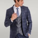 Slim Fit Checked Navy Blue Men Suit - Wessi