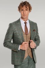 Slim Fit Checked Patterned Green Men Suit