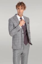 Slim Fit Checked Patterned Grey Men Suit