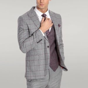 Slim Fit Checked Patterned Grey Men Suit - Wessi