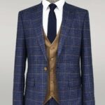 Slim Fit Checked Patterned Navy Blue Men Suit - Wessi
