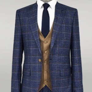 Slim Fit Checked Patterned Navy Blue Men Suit - Wessi