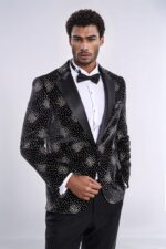 Slim Fit Dot Patterned Black Men Sparkle Jackets