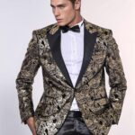Slim Fit Gold Paisley Patterned Black Men Tuxedo Blazer - Wessi