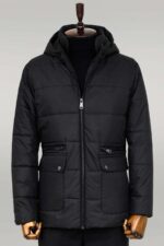 Slim Fit Hooded Black Men Coat