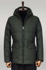 Slim Fit Hooded Green Men Coat