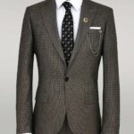 Slim Fit Houndstooth Patterned 2 Piece Brown Men Suit - Wessi