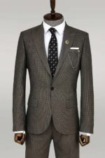 Slim Fit Houndstooth Patterned 2 Piece Brown Men Suit