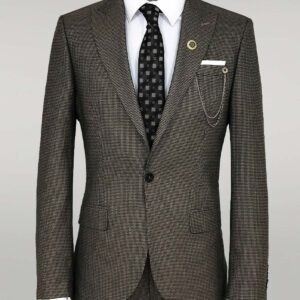 Slim Fit Houndstooth Patterned 2 Piece Brown Men Suit - Wessi