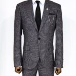 Slim Fit Houndstooth Patterned 2 Piece Grey Men Suit - Wessi