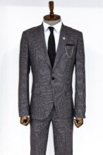 Slim Fit Houndstooth Patterned 2 Piece Grey Men Suit