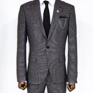 Slim Fit Houndstooth Patterned 2 Piece Grey Men Suit - Wessi