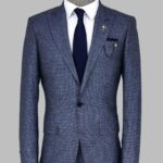 Slim Fit Houndstooth Patterned 2 Piece Navy Blue Men Suit - Wessi