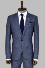 Slim Fit Houndstooth Patterned 2 Piece Navy Blue Men Suit