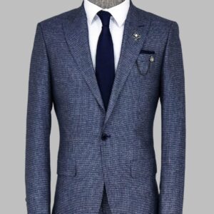 Slim Fit Houndstooth Patterned 2 Piece Navy Blue Men Suit - Wessi