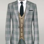 Slim Fit Light Green Vested Suit - Wessi