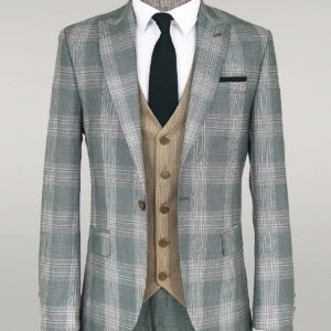 Slim Fit Light Green Vested Suit - Wessi