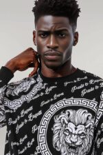 Slim Fit Patterned Black Sweatshirt