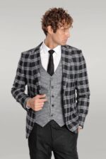 Slim Fit Patterned Checked Black Men Suit