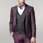 Slim Fit Patterned Checked Burgundy Men Suit - Wessi