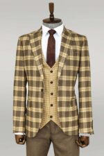 Slim Fit Patterned Checked Light Brown Men Suit