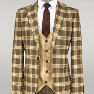 Slim Fit Patterned Checked Light Brown Men Suit - Wessi