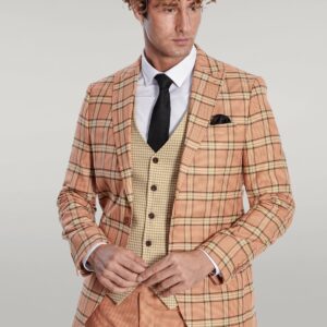 Slim Fit Patterned Checked Orange Men Suit - Wessi