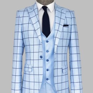 Slim Fit Patterned Light Blue Men Combination Suit - Wessi