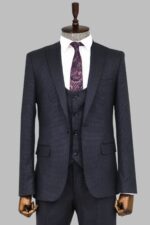 Slim Fit Patterned Navy Blue Men Suit